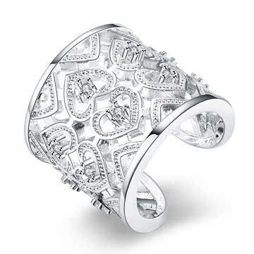 韩国流行镶石多心开口戒指 时尚银色心形锆石戒指 镀银饰品