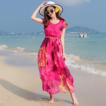 雪纺印花波西米亚连衣裙大码显瘦中长款圆领短袖海边度假沙滩裙夏