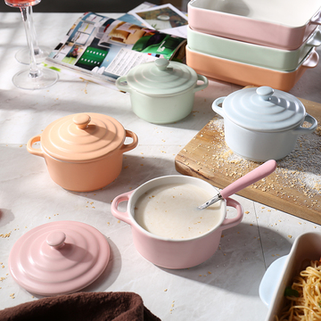 糖果色带盖双耳烤盅早餐小汤烤碗 厨房烤箱小碗创意汤蛊烘焙模具