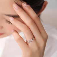 韩版清新银色戒指女开口简约树叶戒子食指首饰橄榄枝镀金镶钻指环
