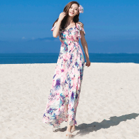 夏季吊带长裙波西米亚长裙海边度假沙滩裙不规则裙摆花雪纺连衣裙