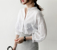 新品秋季棉麻宽松衬衣bf女韩版灯笼袖白色小立领上衣中长款衬衫潮