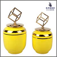 新中式样板间客厅酒柜装饰品摆件黄色陶瓷罐组合 软装陶瓷工艺品