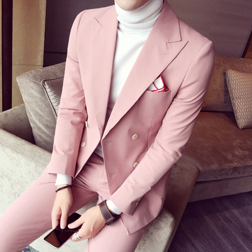 韩国秋季新款修身小西装男士韩版长袖西服单西粉色夜店时尚外套潮