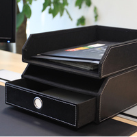 黑色抽屉式a4收纳盒多功能2层整理柜箱办公室桌面皮革文件收纳架
