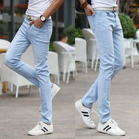 青年韩版男士牛仔裤浅蓝色弹力修身薄款夏季男裤小脚长裤子休闲潮