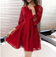 2016年夏季韩版修身蕾丝连衣裙中裙纯色 显瘦A字裙 公主裙七分袖