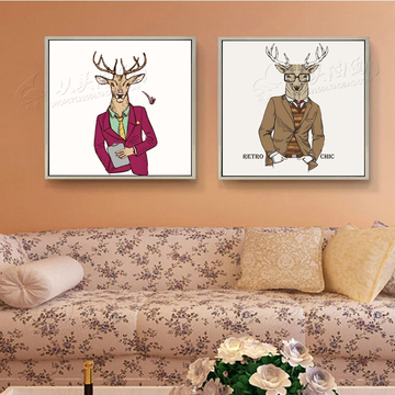 现代美式家居装饰画客厅沙发背景挂画儿童房卧室餐厅卡通动物油画