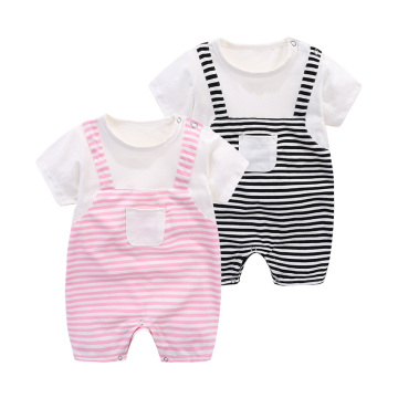 新生儿衣服夏季 婴儿外出服0-3-6个月连体衣 婴幼儿条纹背带衣服