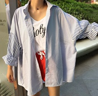 2016年秋季新款韩国bf风宽松条纹衬衫女蝙蝠衫大码薄款外套中长款