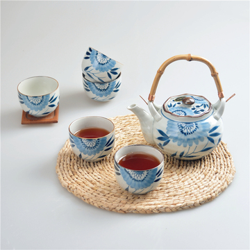 日本茶具套装 日式手绘陶瓷大号提梁壶茶具茶杯套装 带过滤 包邮