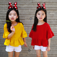 夏装中大儿童纯棉韩版女孩童装女童中袖娃娃衣小萝莉上衣黄色T恤