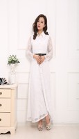 白色蕾丝连衣裙春装2017新款甜美高腰长袖衬衫领镂空长裙