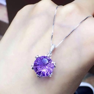 专柜紫水晶吊坠925银锁骨项链女镶嵌钻石形彩色宝石时尚饰品礼物