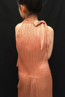 2016新款橙金色针织褶皱光泽优雅削肩蝴蝶结套装裙女装