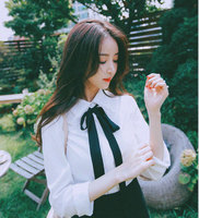 韩国代购2016秋季新款韩版系带蝴蝶结白衬衫长袖棉上衣打底衫女潮
