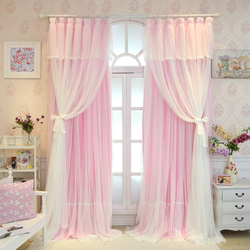 韩式梦幻公主风粉色蕾丝纱帘窗帘成品半遮光婚房儿童房卧室落地窗