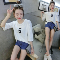 2016夏季新款韩版数字印花破洞圆领女士短袖T恤女宽松五分袖潮