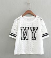 韩版全刺绣蕾丝字母拼接圆领T恤短袖套头罩衣