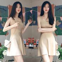 夏季新款韩版无袖贴身裸色针织连衣裙修身显瘦A字裙背心裙中裙女