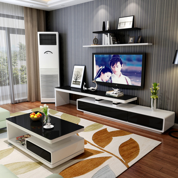 现代简约客厅白色烤漆钢化玻璃茶几伸缩电视柜组合 储物地柜