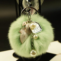 韩国优质獭兔毛球白色树叶汽车挂件钥匙扣女珍珠挂坠包包挂件包邮