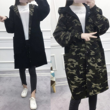 2017秋季新款韩版学生宽松大码BF迷彩两面穿风衣女中长款连帽外套