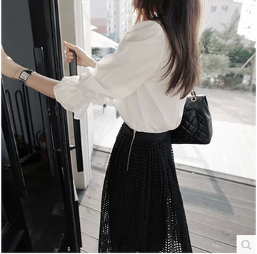 韩国代购partysu新款韩版女装七分袖衬衫蕾丝长裙套装气质两件套
