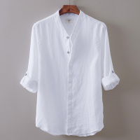 2017夏装 男士棉麻长袖修身立领衬衫 纯白色青年薄款透气衬衣无印