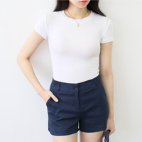韩版小圆领短袖白色t恤女夏修身纯棉打底衫紧身百搭纯色短款上衣
