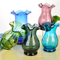 欧式风格波浪口创意玻璃花瓶透明彩色 富贵竹百合插花瓶装饰摆件
