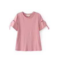 欧美2017夏季新款时尚百搭粉色圆领袖子镂空系带T恤女式